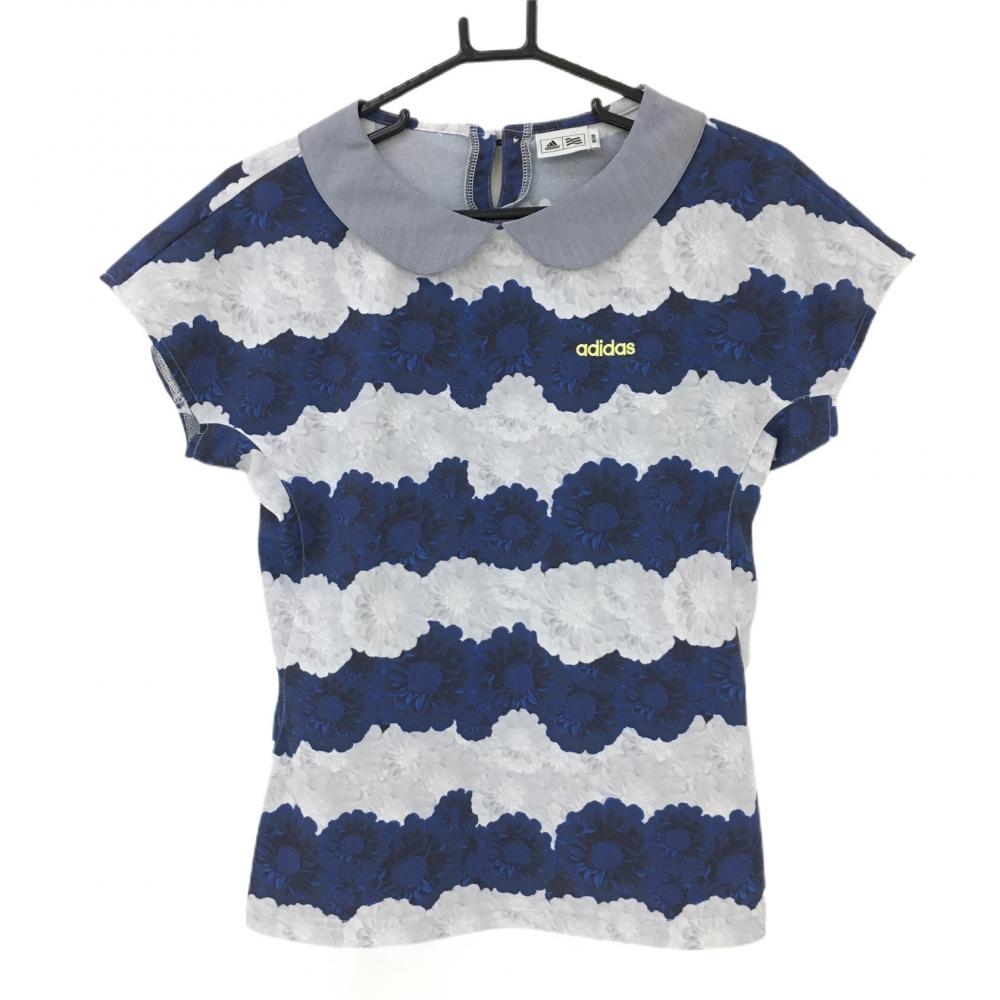 【超美品】アディダス 襟付き半袖シャツ ネイビー×ライトブルー 花柄ボーダー  レディース M/M ゴルフウェア adidas