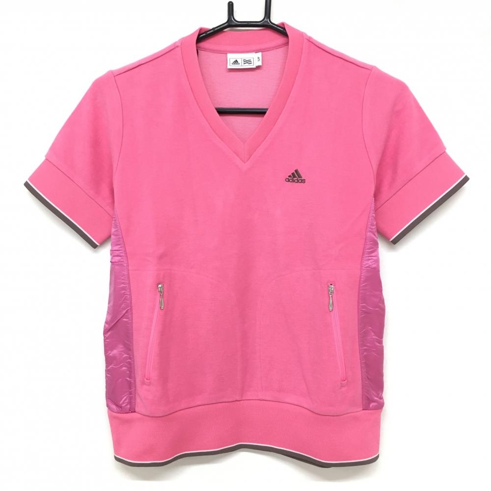 アディダス 半袖シャツ ピンク×パープルピンク Vネック 表微起毛 レディース S/P ゴルフウェア adidas