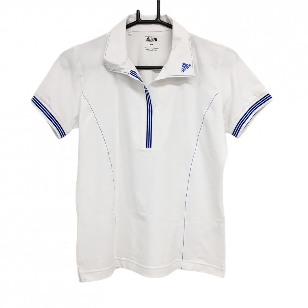 【美品】アディダス 半袖スキッパーシャツ 白×ブルー リブ3ライン ステッチ レディース M/M ゴルフウェア adidas