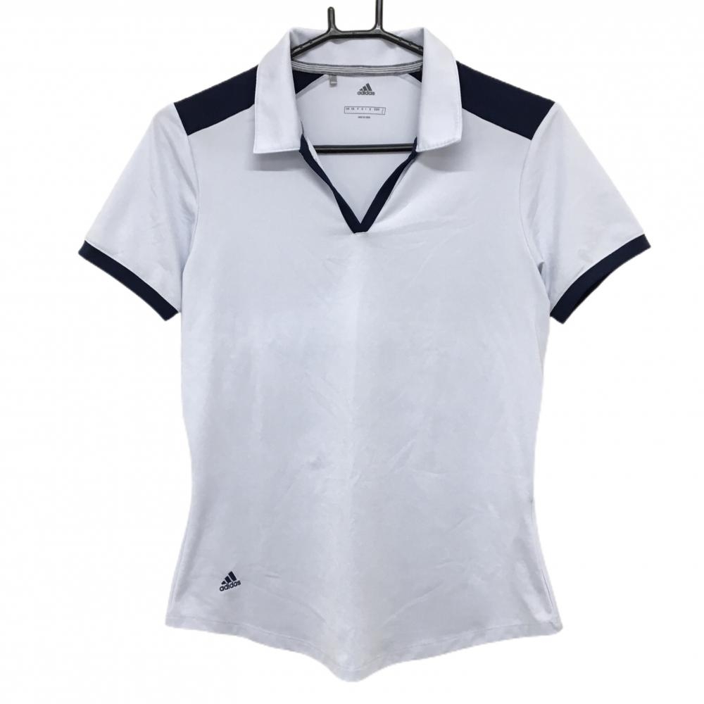 【超美品】アディダス 半袖スキッパーシャツ ライトグレー×ネイビー 裾ロゴ レディース L ゴルフウェア adidas