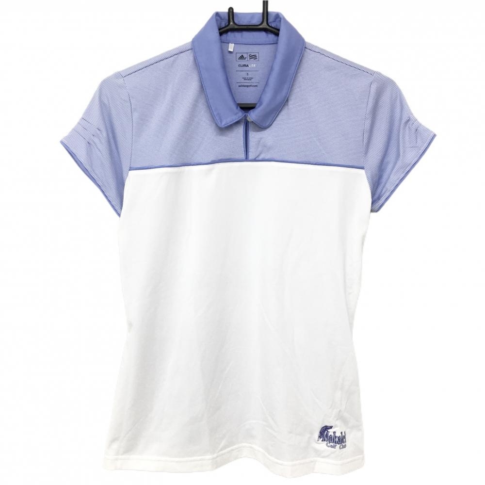 【美品】アディダス 半袖スキッパーシャツ 白×ブルー 上部細ボーダー Makalei GolfClub レディース S ゴルフウェア adidas