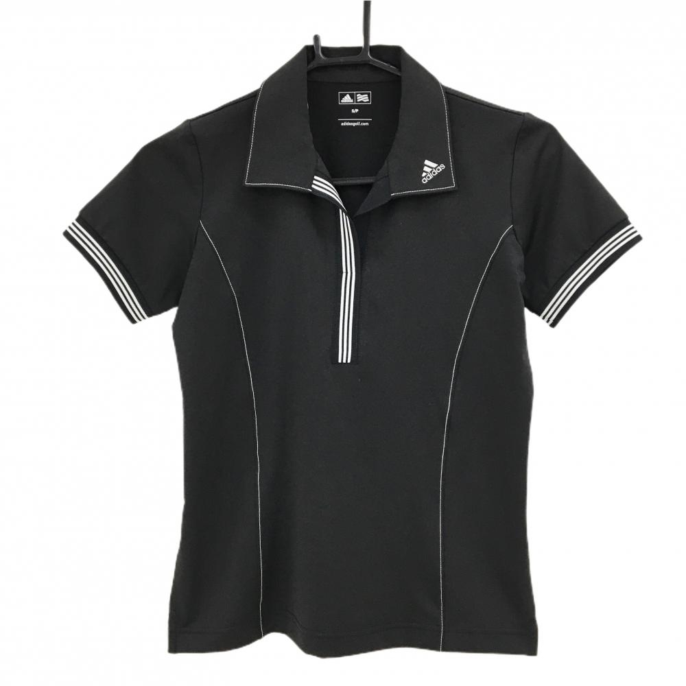 【新品】アディダス 半袖スキッパーシャツ 黒×白 リブライン UPF50 レディース S/P ゴルフウェア adidas