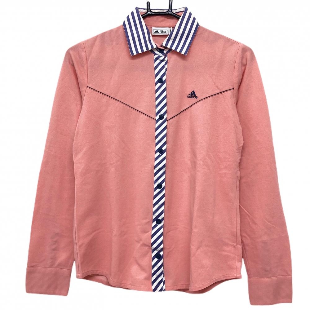 【美品】アディダス 長袖シャツ サーモンピンク 襟ボーダー柄 レディース M/M ゴルフウェア adidas