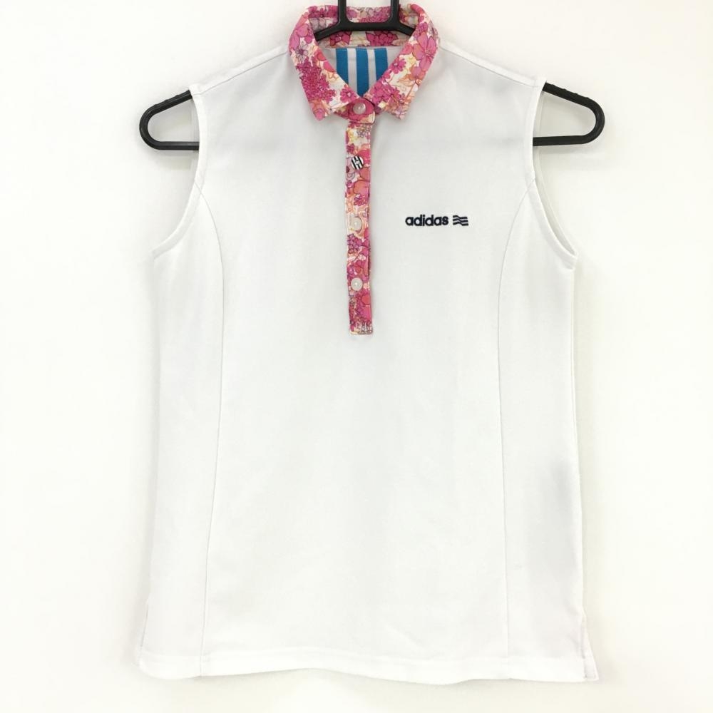 【超美品】アディダス ノースリーブポロシャツ 白×ピンク 襟・前立て花柄 レディース Ｓ/Ｐ ゴルフウェア adidas