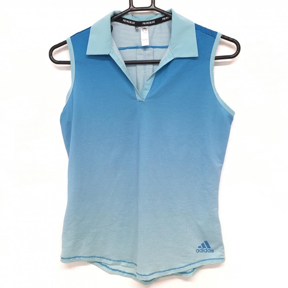 【超美品】アディダス ノースリーブスキッパーシャツ ライトブルー 細ボーダー グラデーション レディース M ゴルフウェア adidas