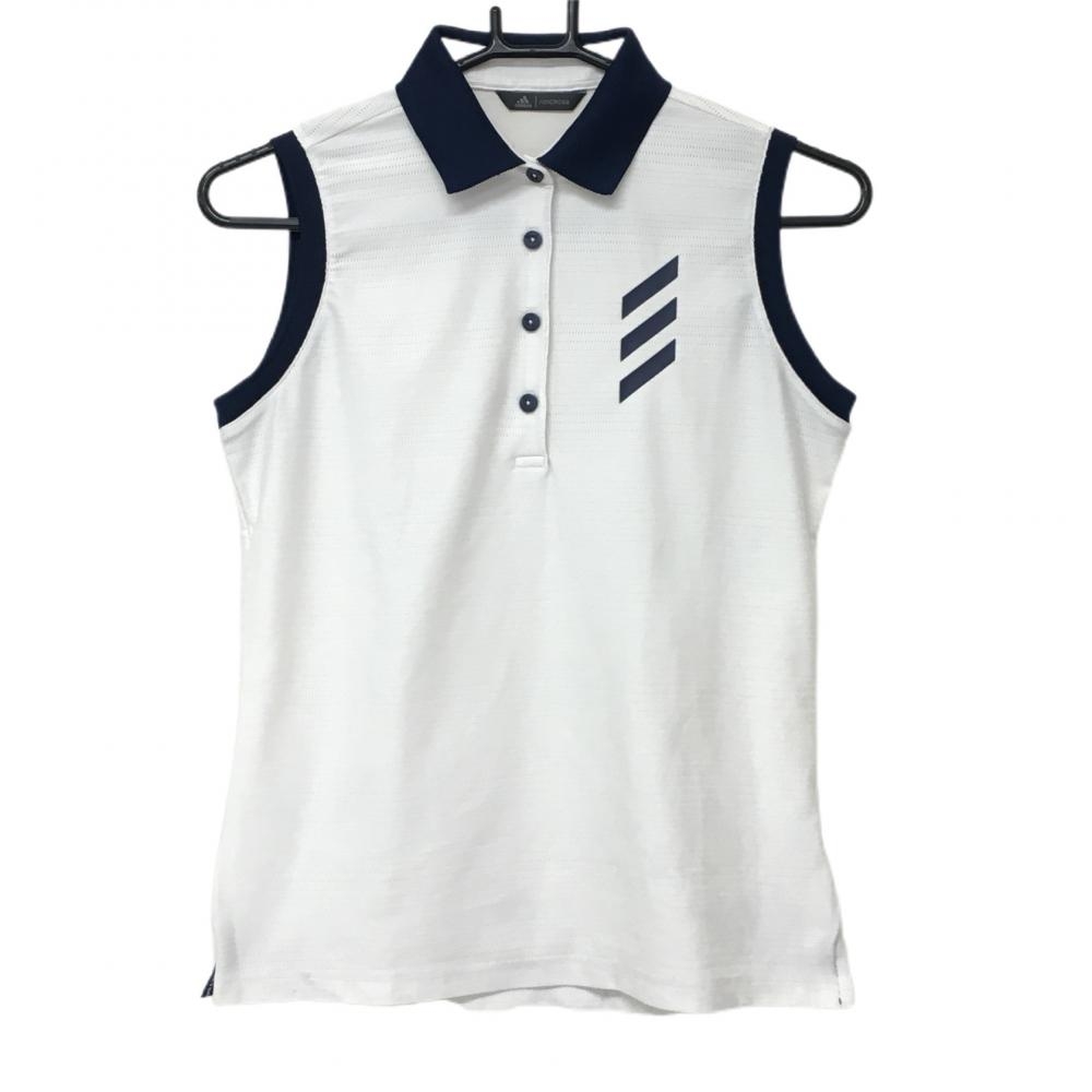アディダス ノースリーブポロシャツ 白×ネイビー メッシュ調 襟ロゴ  レディース M ゴルフウェア adidas