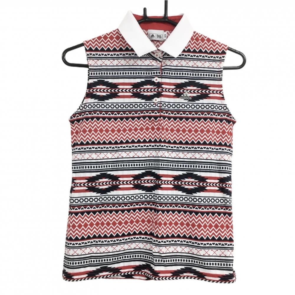 【超美品】アディダス ノースリーブポロシャツ レッド×ネイビー 総柄 織生地 レディース M/M ゴルフウェア adidas