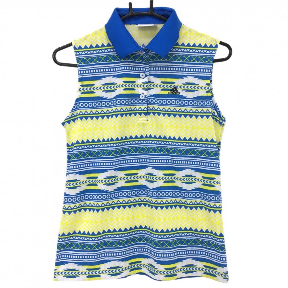 アディダス ノースリーブポロシャツ ブルー×イエロー 総柄 ロゴ刺しゅう レディース L/G ゴルフウェア adidas