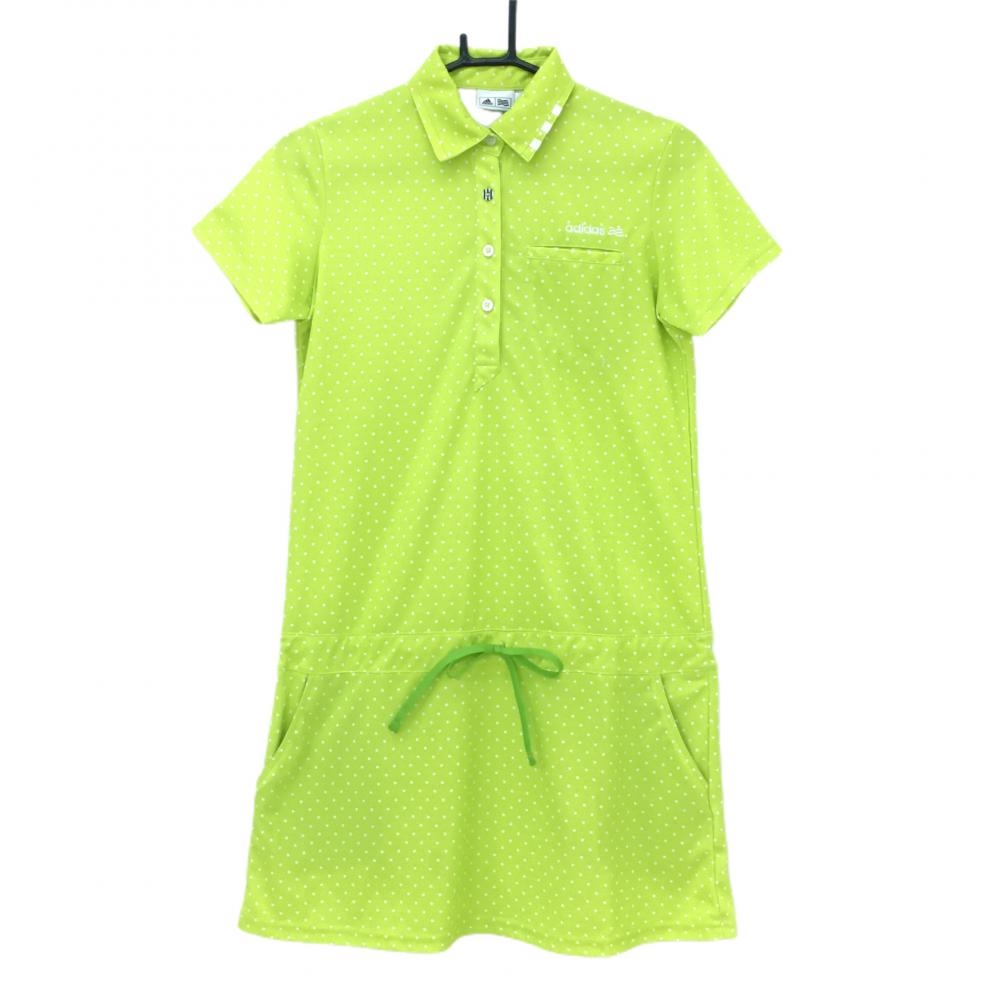 【美品】アディダス 半袖ポロワンピース イエローグリーン×白 ドット総柄 ロゴ刺しゅう レディース M/M ゴルフウェア adidas