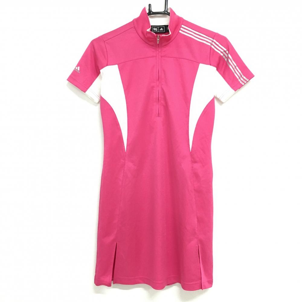 アディダス ワンピース ピンク×白 織生地 袖3ライン ハーフジップ  レディース S/P ゴルフウェア adidas