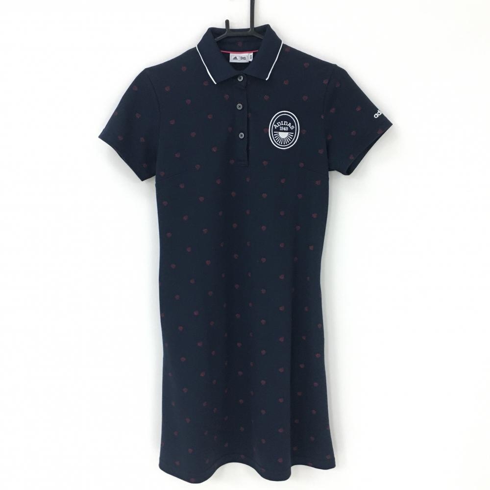 アディダス ワンピース ネイビー×レッド 総柄 襟ライン  レディース M/M ゴルフウェア adidas