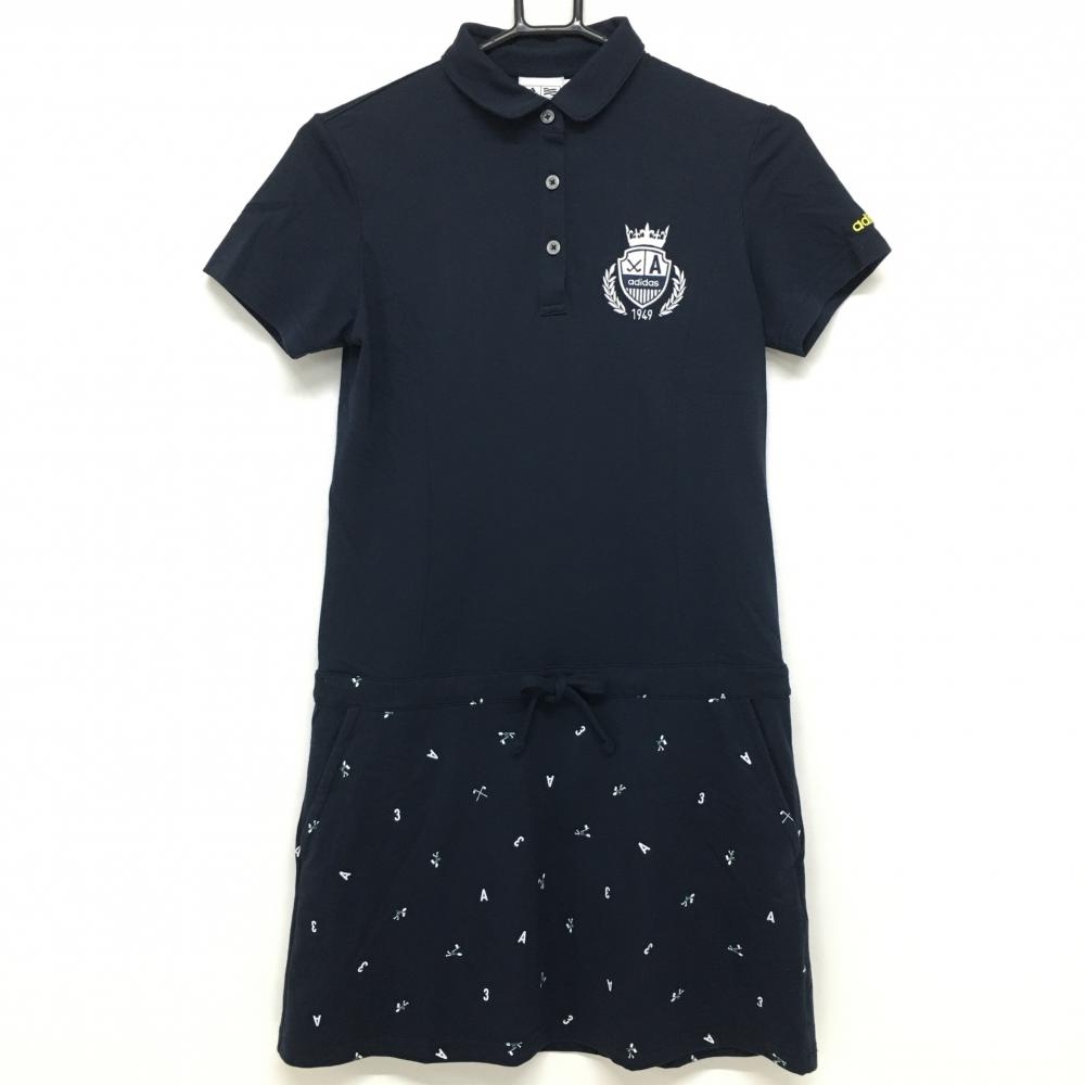 【美品】アディダス 半袖ポロワンピース ネイビー スカート総柄 刺しゅう レディース S/P ゴルフウェア adidas