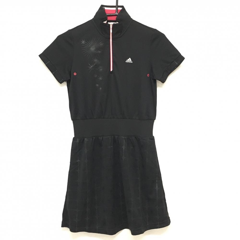 【超美品】アディダス 半袖ワンピース 黒 スカート総柄 スカート裏地付 ハーフジップ レディース S/P ゴルフウェア adidas