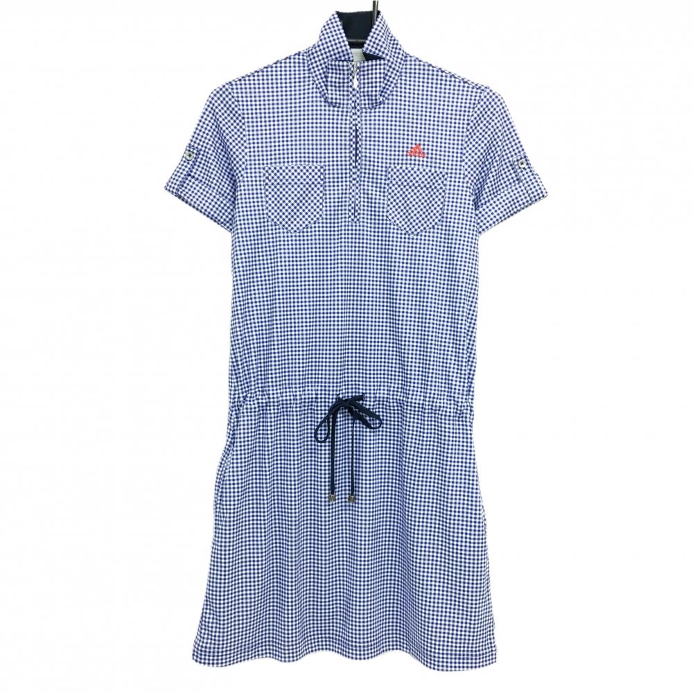 【美品】アディダス 半袖ハイネックワンピース 白×ネイビー ギンガムチェック ハーフジップ  レディース M/M ゴルフウェア adidas