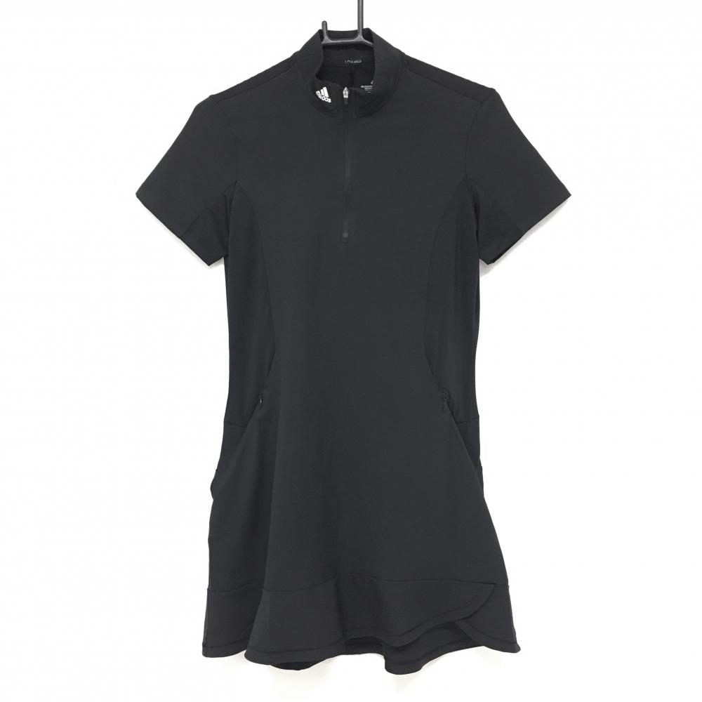 【超美品】アディダス 半袖ハイネックワンピース 黒 ネックロロゴ ハーフジップ インナーパンツなし  レディース M ゴルフウェア adidas