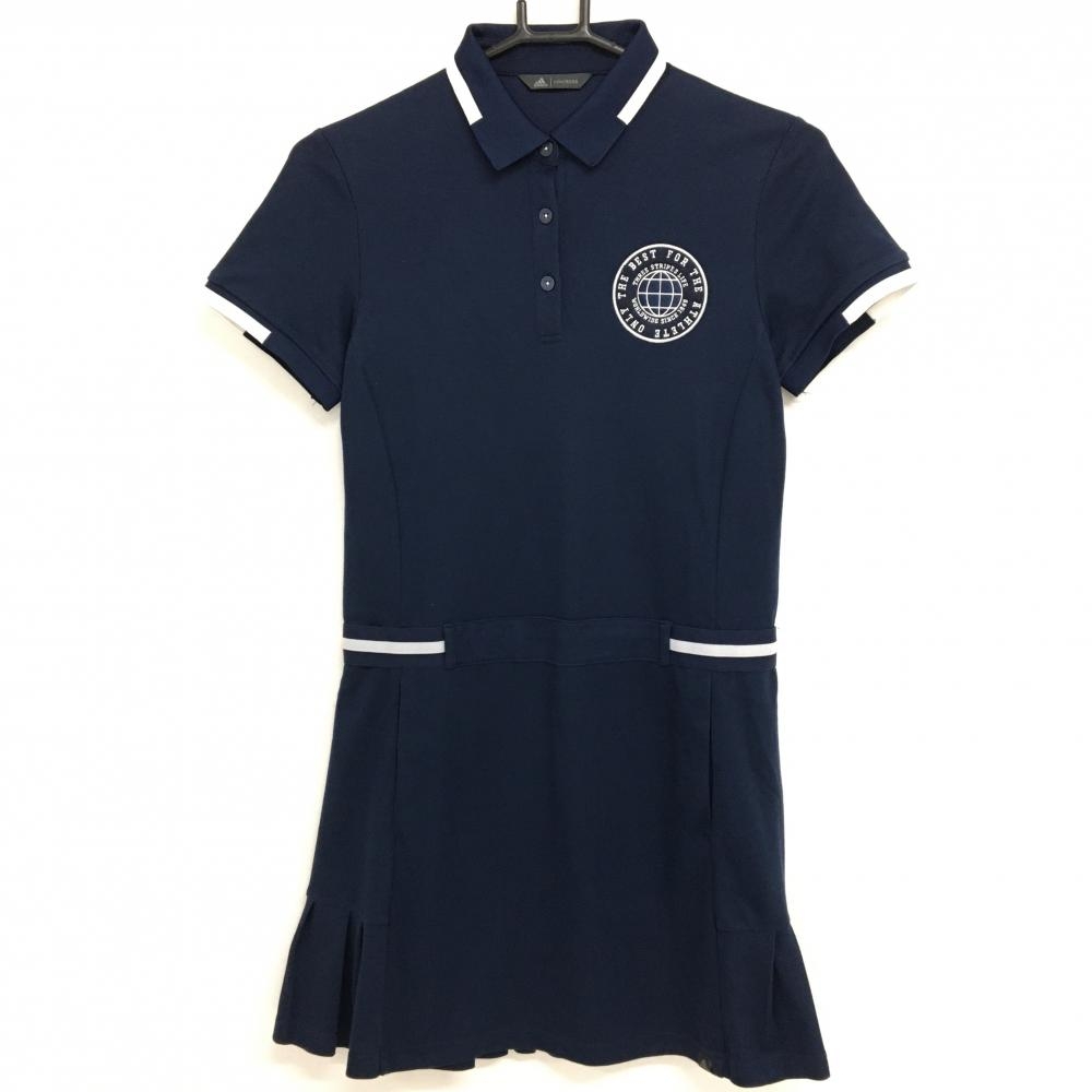 アディダス 半袖ポロワンピース ネイビー×白 後裾プリーツ 共布ベルト付 UPF50 レディース L ゴルフウェア adidas