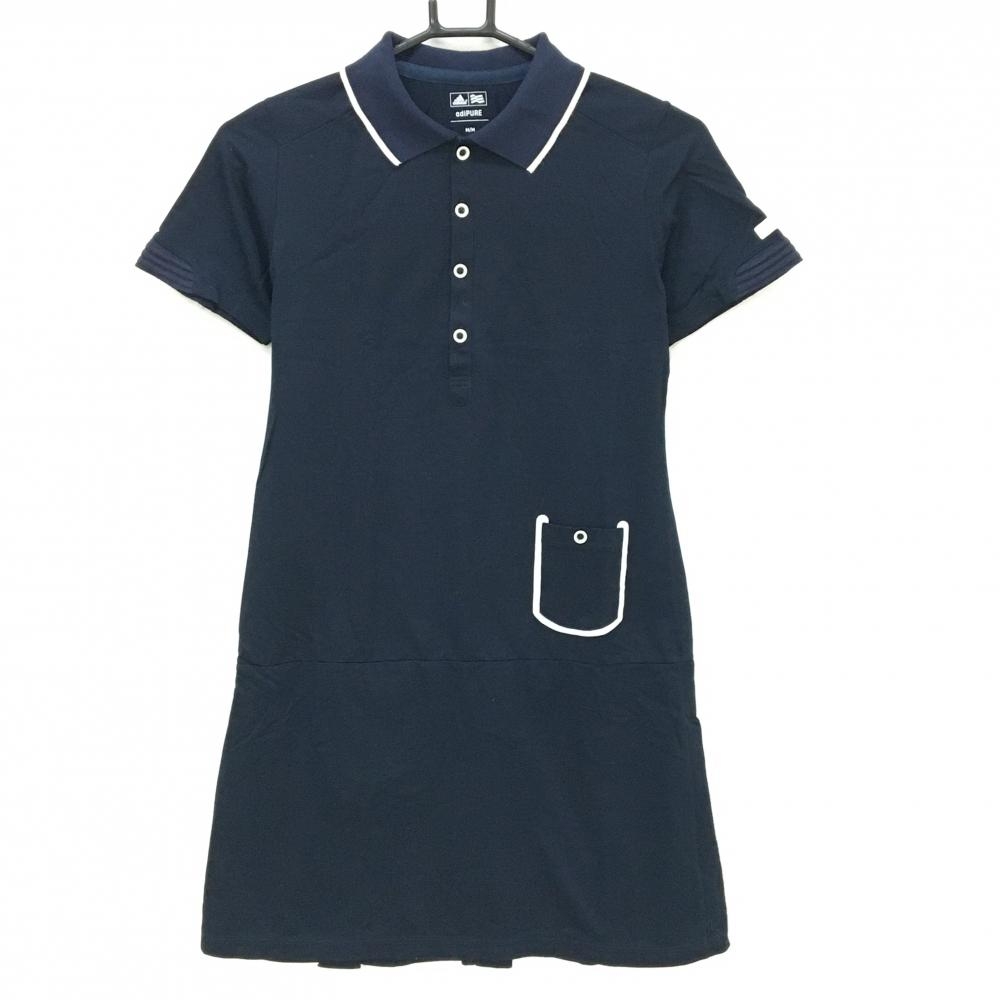 【美品】アディダス 半袖ポロワンピース ネイビー×白 ポケット 後裾ボックスプリーツ レディース M/M ゴルフウェア adidas