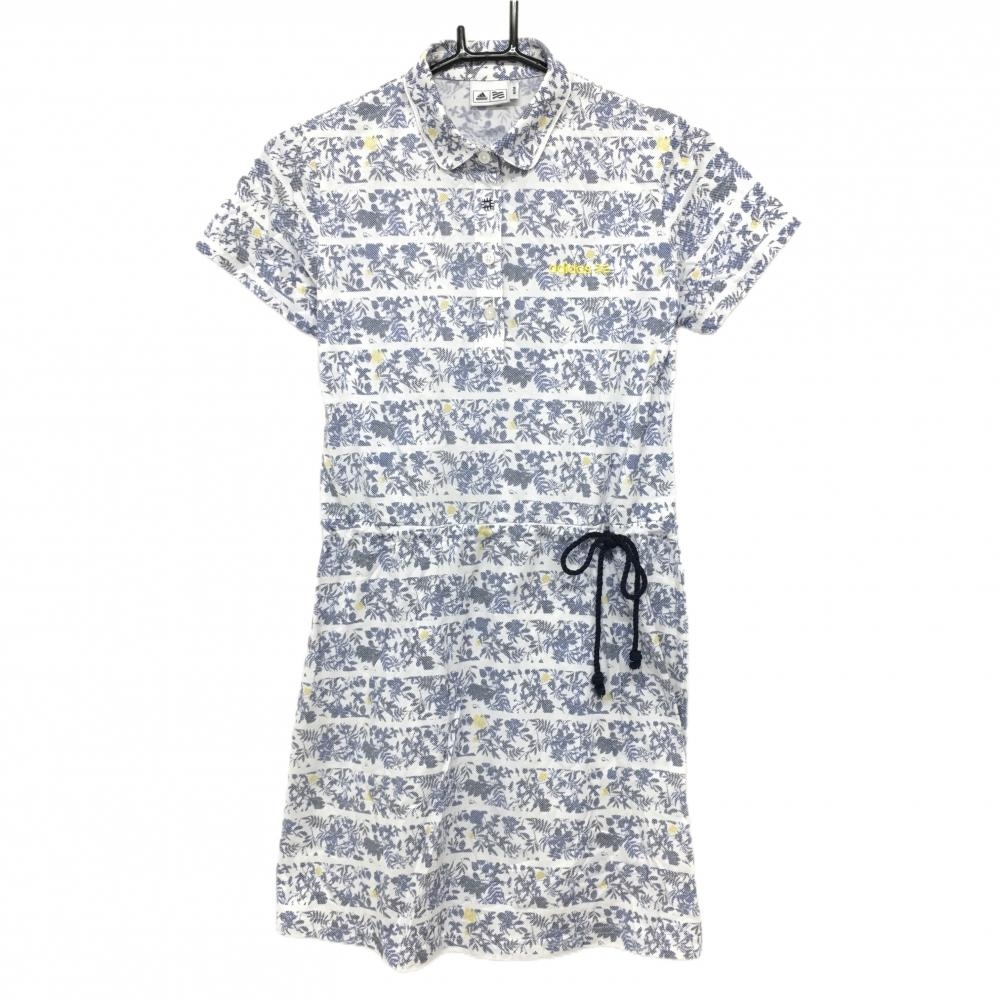 【超美品】アディダス 半袖ポロワンピース 白×ネイビー リーフ柄ボーダー ウエスト調節紐 レディース M ゴルフウェア adidas