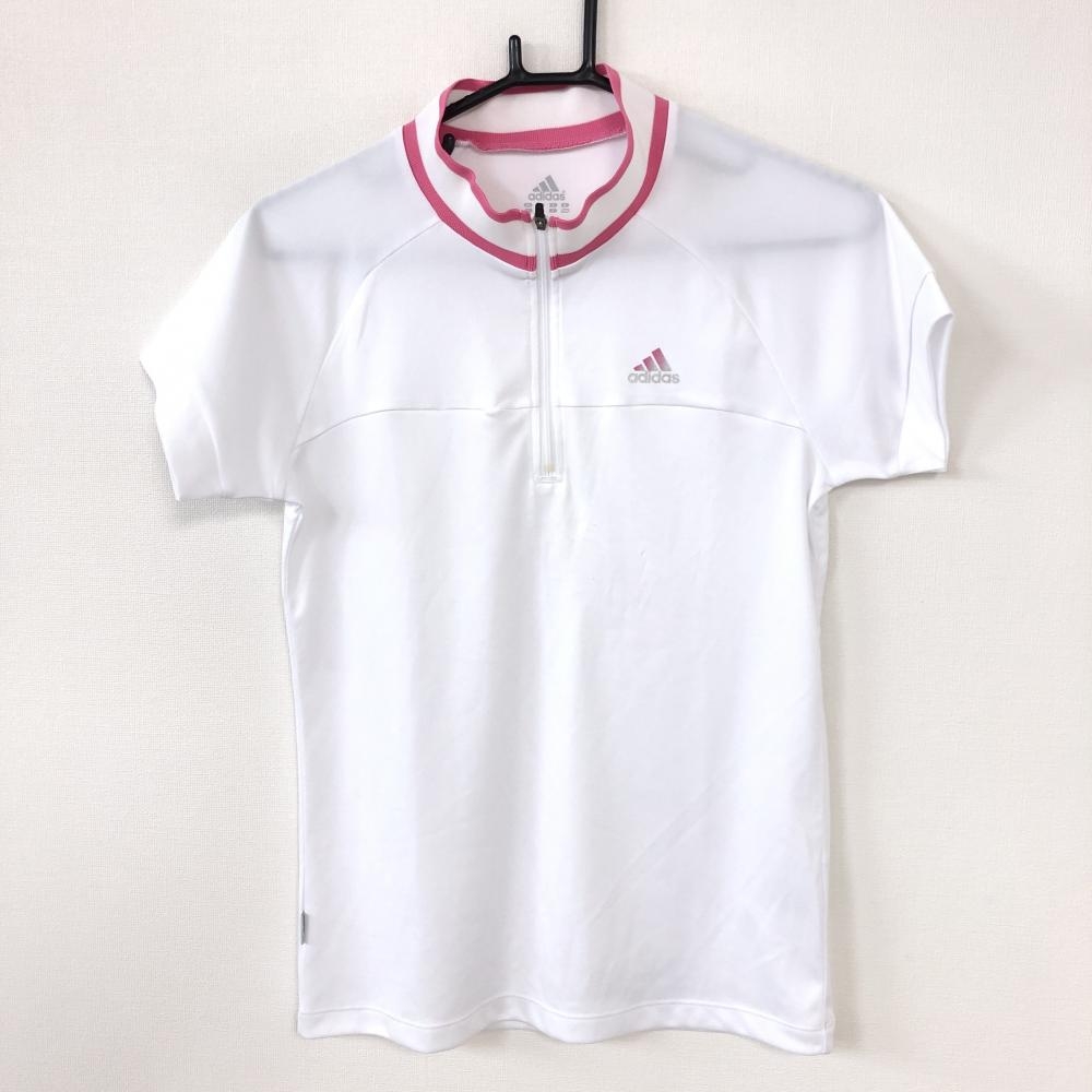 adidas アディダス 半袖ハイネックシャツ 白×ピンク ハーフジップ CLIMALITE UVケア  レディース L ゴルフウェア