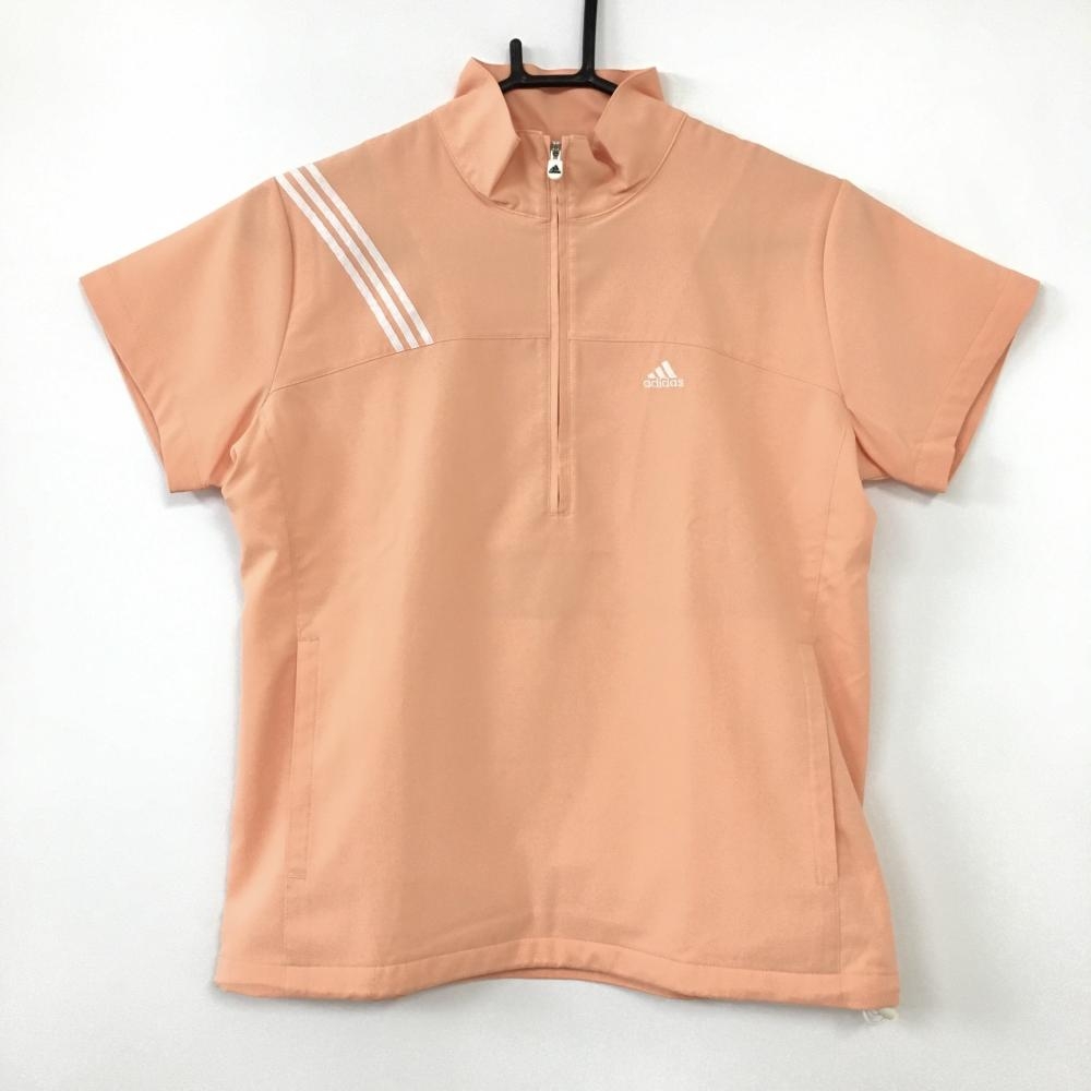adidas アディダス 半袖ハイネックシャツ ライトオレンジ ハーフジップ 3ライン  レディース S/P ゴルフウェア