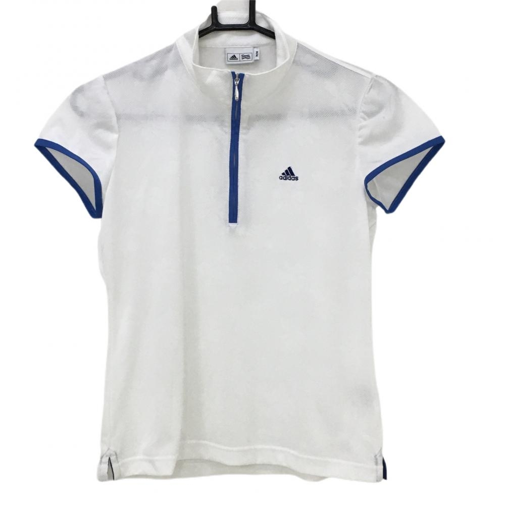 アディダス 半袖ハイネックシャツ 白×ブルー メッシュ調 ハーフジップ ロゴ刺しゅう レディース M/M ゴルフウェア adidas 画像