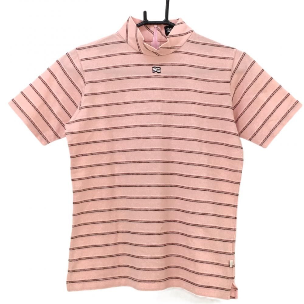 アディダス 半袖ハイネックシャツ ピンク×黒 ボーダー ネック下刺しゅう レディース M/M ゴルフウェア adidas
