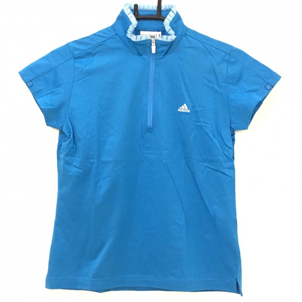 【美品】アディダス 半袖ハイネックシャツ ブルー×白 ネックフリル ハーフジップ ロゴ刺しゅう レディース M/M ゴルフウェア adidas 画像