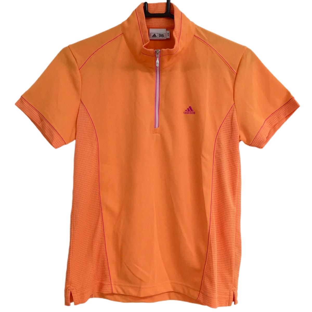 【超美品】アディダス 半袖ハイネックシャツ オレンジ×ピンク ハーフジップ サイドメッシュ地切替 レディース L/G ゴルフウェア adidas