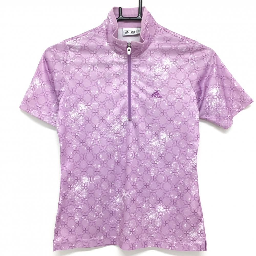 アディダス 半袖ハイネックシャツ パープル×白 花柄 ハーフジップ  レディース S/P ゴルフウェア adidas