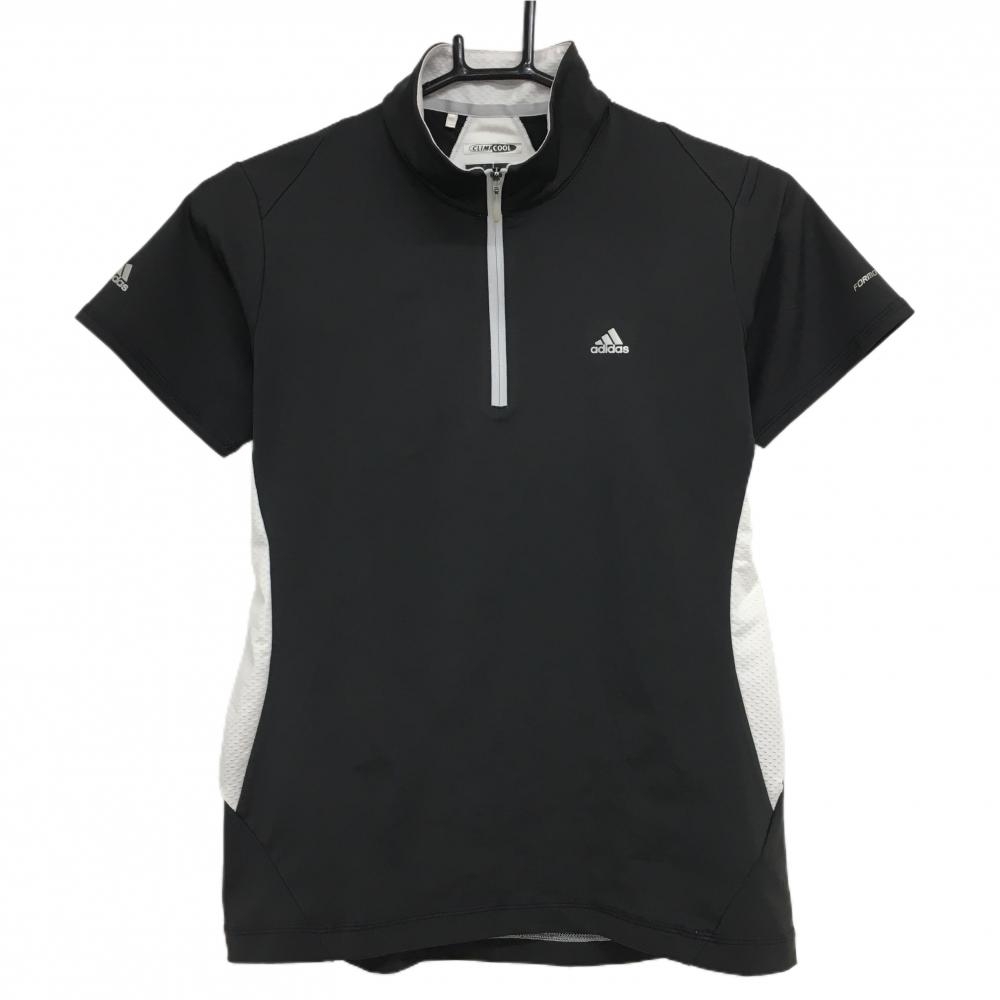 【美品】アディダス 半袖ハイネックシャツ 黒×白 サイドメッシュ調 ハーフジップ ロゴプリント レディース M/M ゴルフウェア adidas