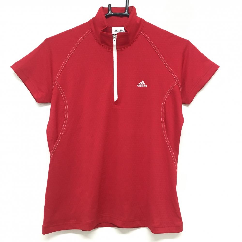 【超美品】アディダス 半袖ハイネックシャツ レッド 織生地 ロゴ刺しゅう ハーフジップ  レディース M/M ゴルフウェア adidas