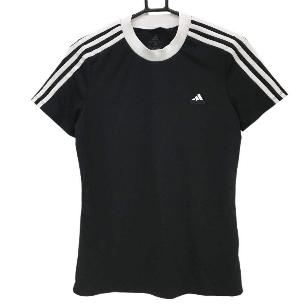 【美品】アディダス 半袖ハイネックシャツ 黒×白 袖3ライン  レディース OT ゴルフウェア adidas