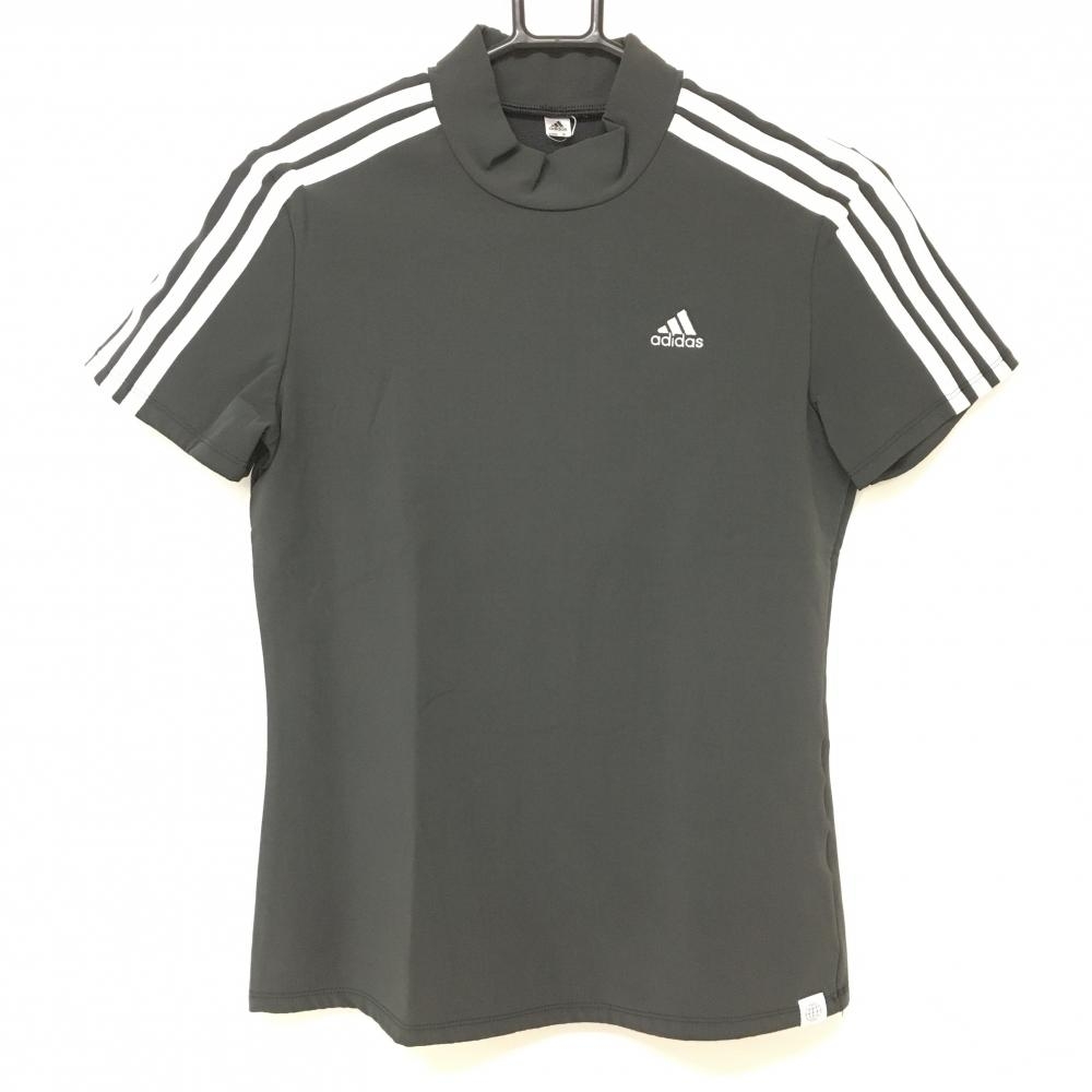 【超美品】アディダス 半袖ハイネックシャツ ダークグレー×白 袖3ライン  レディース D ゴルフウェア adidas