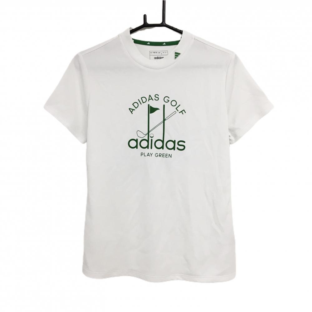 【超美品】アディダスゴルフ 半袖ハイネックシャツ 白×グリーン ロゴプリント レディース XL ゴルフウェア adidas