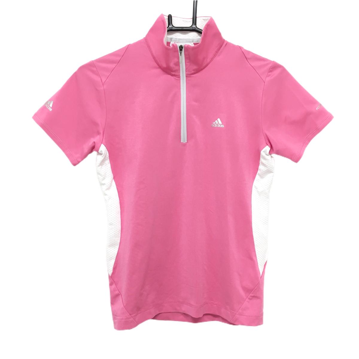 アディダス 半袖ハイネックシャツ ピンク×白 サイドメッシュ ロゴプリント ハーフジップ レディース S/P ゴルフウェア adidas