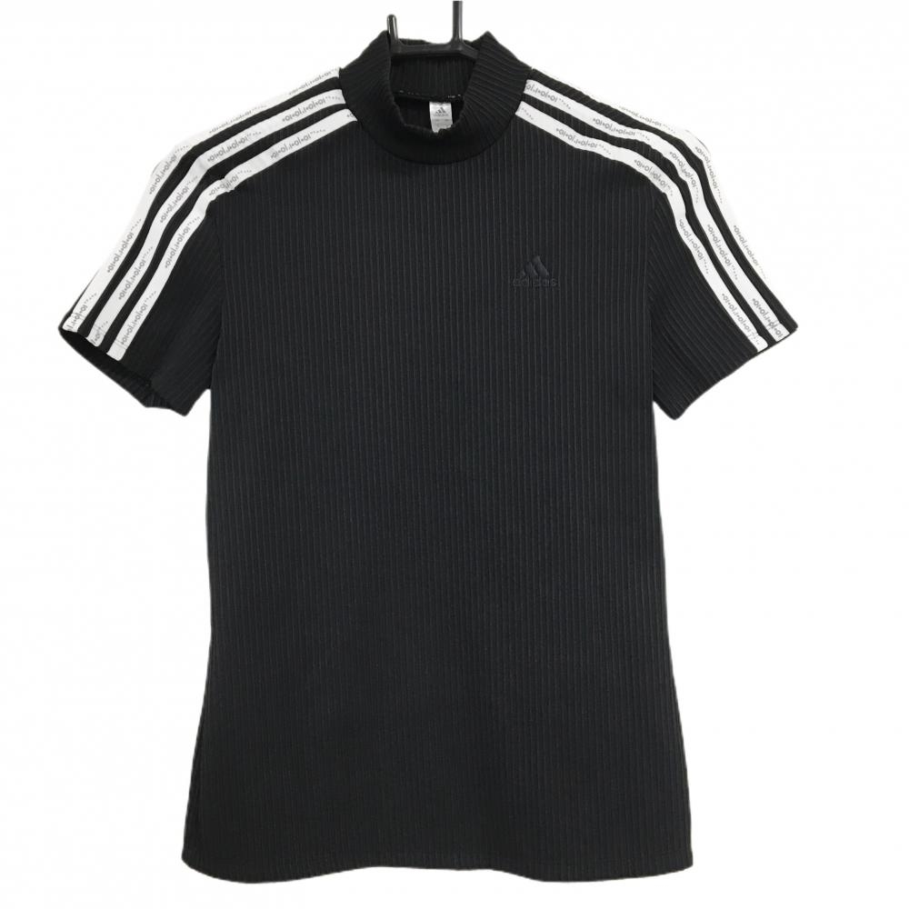 【超美品】アディダス 半袖ハイネックシャツ 黒×白 ストライプ織生地 袖3ライン レディース S ゴルフウェア adidas