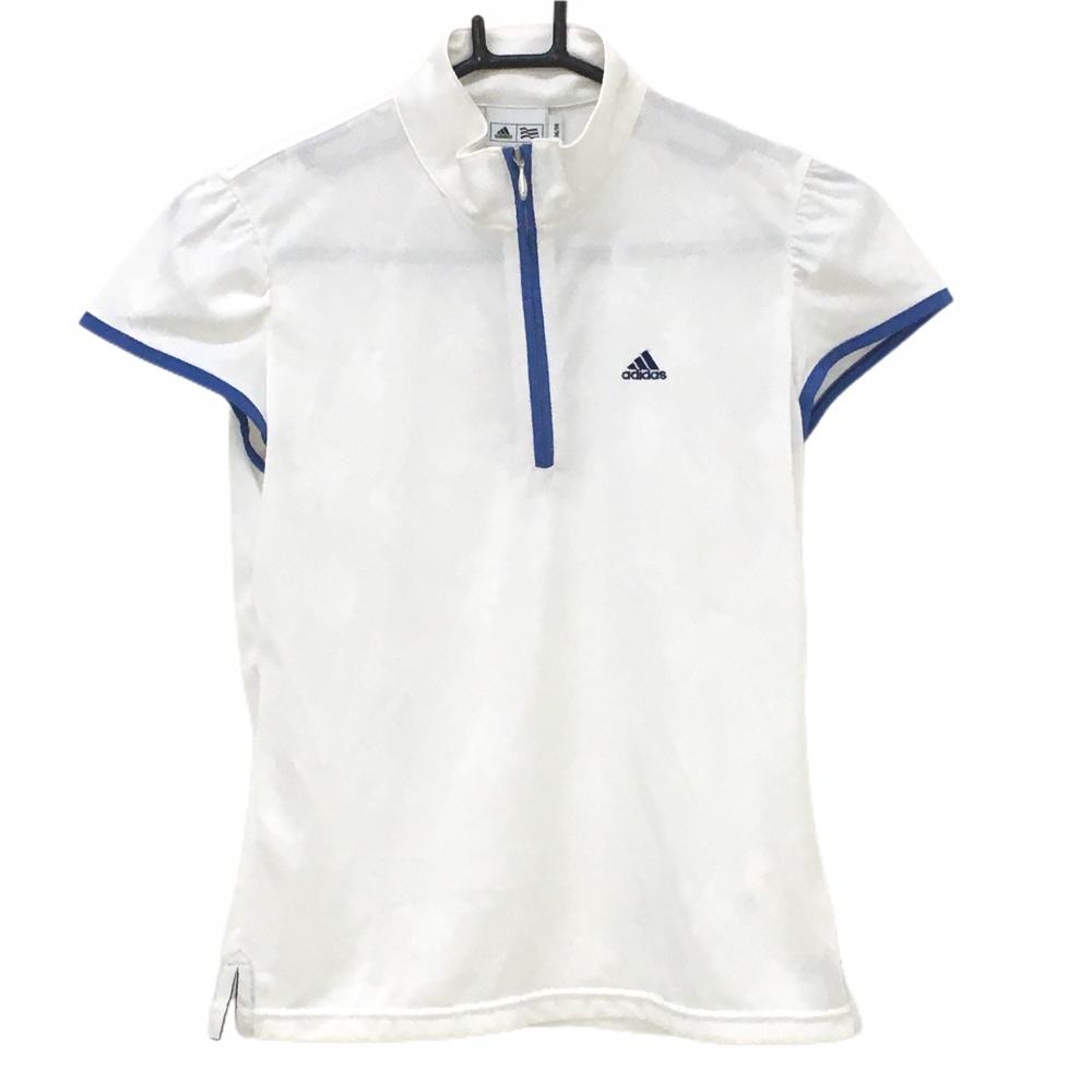 【美品】アディダス 半袖ハイネックシャツ 白×ブルー メッシュ調花柄 パイピング  レディース M/M ゴルフウェア adidas