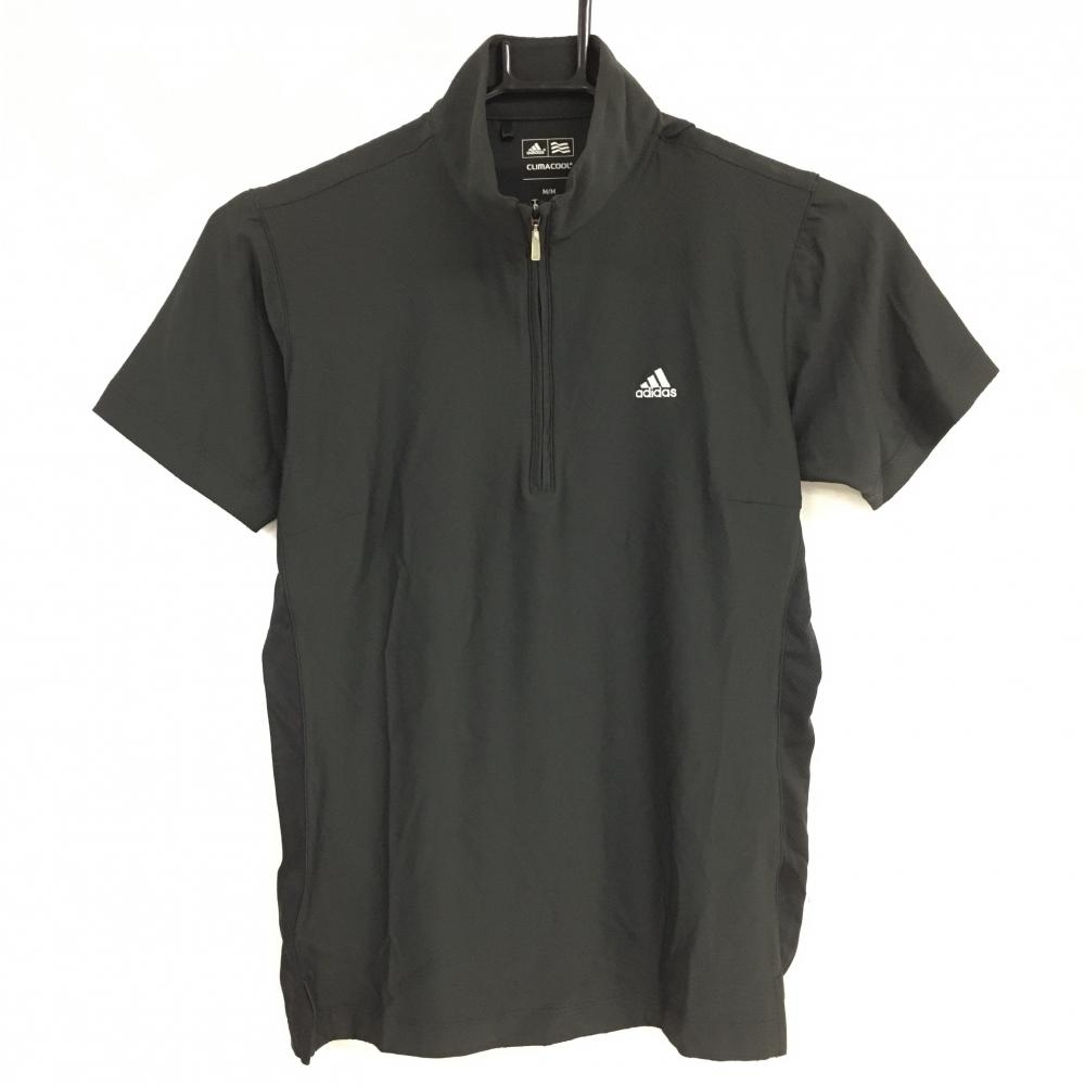 【超美品】アディダス 半袖ハイネックシャツ ダークグレー 総柄地模様 ハーフジップ　CLIMACOL レディース M/M ゴルフウェア adidas