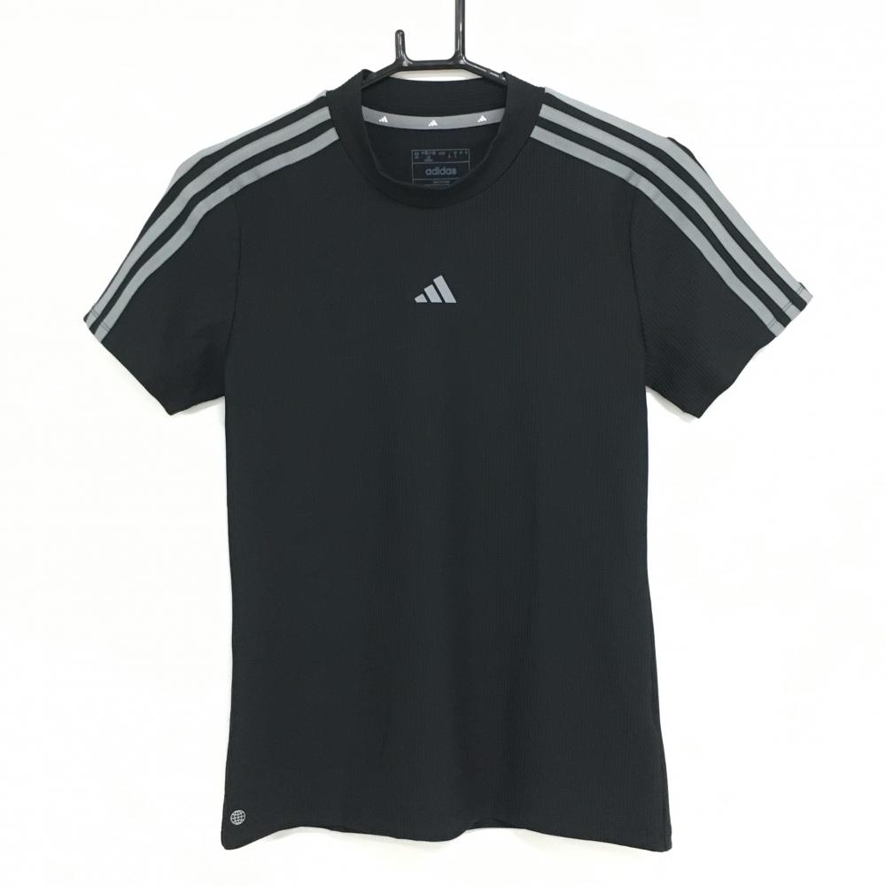【超美品】アディダス 半袖ハイネックシャツ 黒×グレー ストライプ織生地 肩3ライン ストレッチ レディース M ゴルフウェア adidas