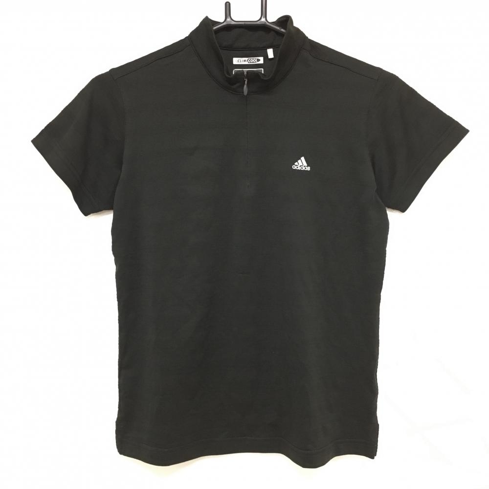 【美品】アディダス 半袖ハイネックシャツ 黒 ボーダー調織生地 ハーフジップ ロゴ刺しゅう レディース M/M ゴルフウェア adidas