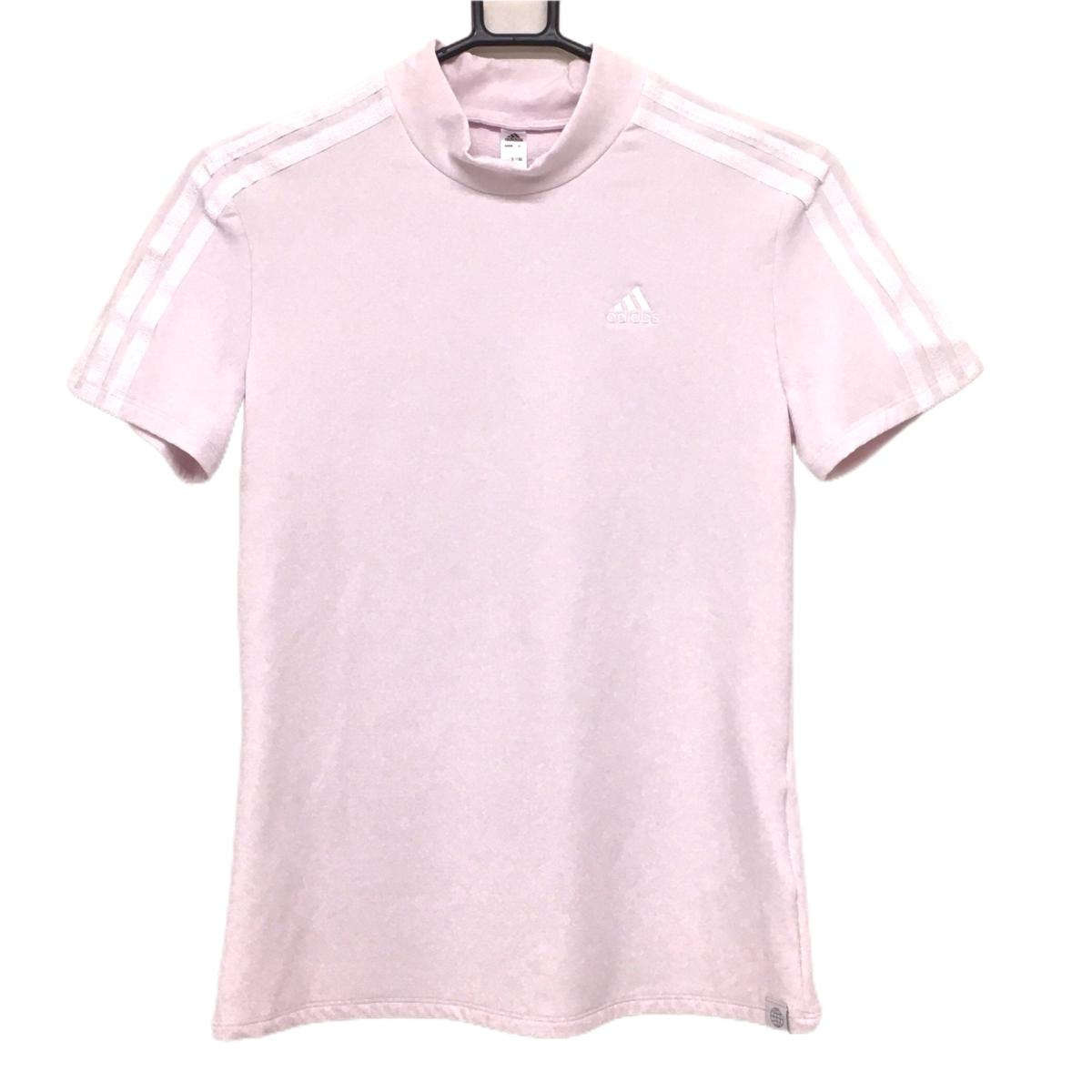 【超美品】アディダス 半袖ハイネックシャツ ライトピンク 袖3ライン レディース M ゴルフウェア adidas