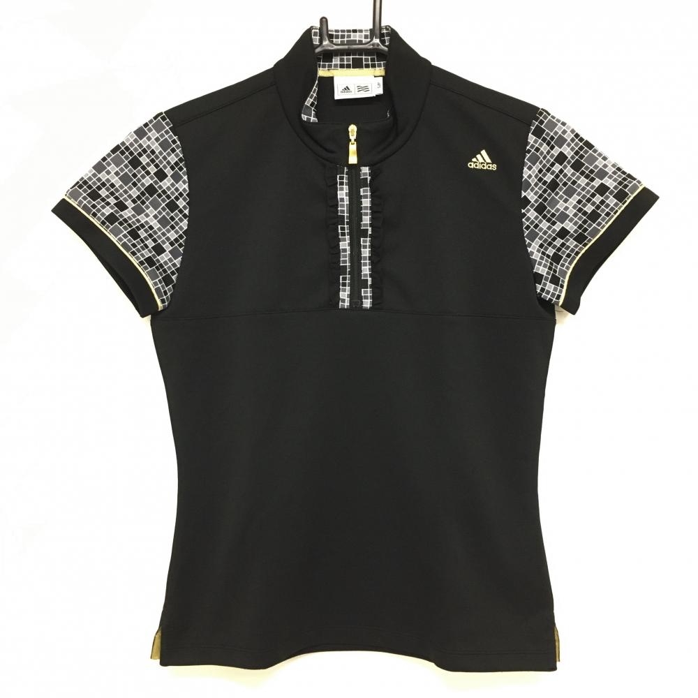 【超美品】アディダス 半袖ハイネックシャツ 黒×グレー ハーフジップ 袖総柄  レディース S/P ゴルフウェア adidas