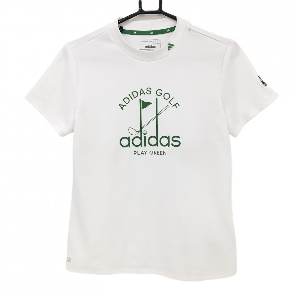 アディダス 半袖ハイネックシャツ 白×グリーン フロントロゴ レディース XL ゴルフウェア adidas