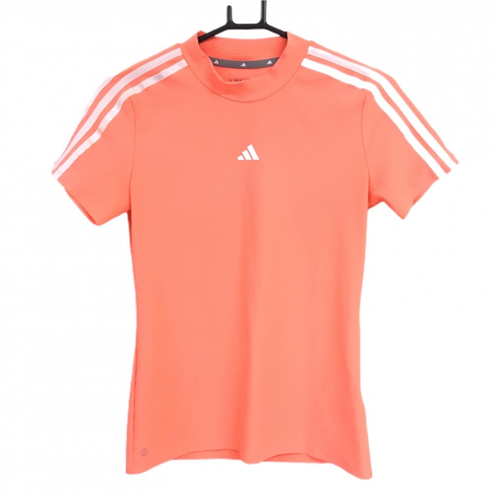 アディダス 半袖ハイネックシャツ サーモンピンク×白 ストライプ織生地 肩3ライン レディース M ゴルフウェア adidas