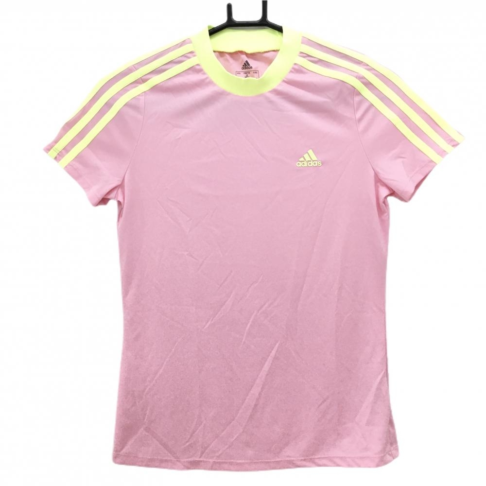 【美品】アディダス 半袖ハイネックシャツ ピンク×イエロー 肩3ライン 立体ロゴ  レディース M ゴルフウェア adidas