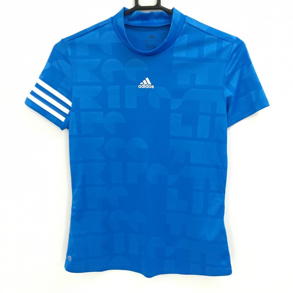【美品】アディダス 半袖ハイネックシャツ ブルー 地模様 袖3ライン  レディース S ゴルフウェア adidas