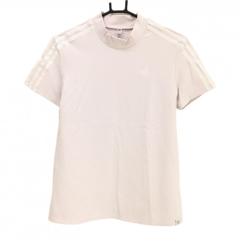 【美品】アディダス 半袖ハイネックシャツ パウダーピンク ストレッチ 肩3ライン レディース OT (XL) ゴルフウェア adidas