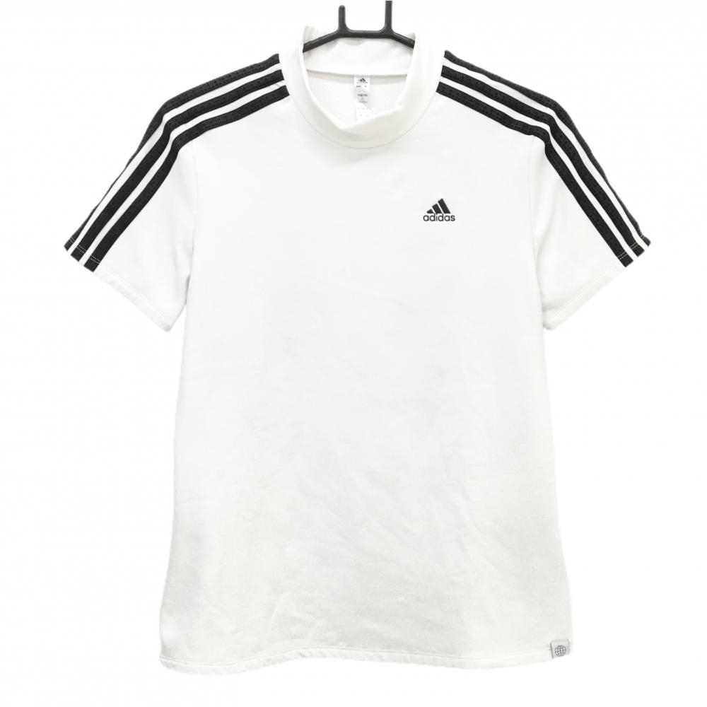 【美品】アディダス 半袖ハイネックシャツ 白×黒 肩3ライン ストレッチ レディース L ゴルフウェア adidas