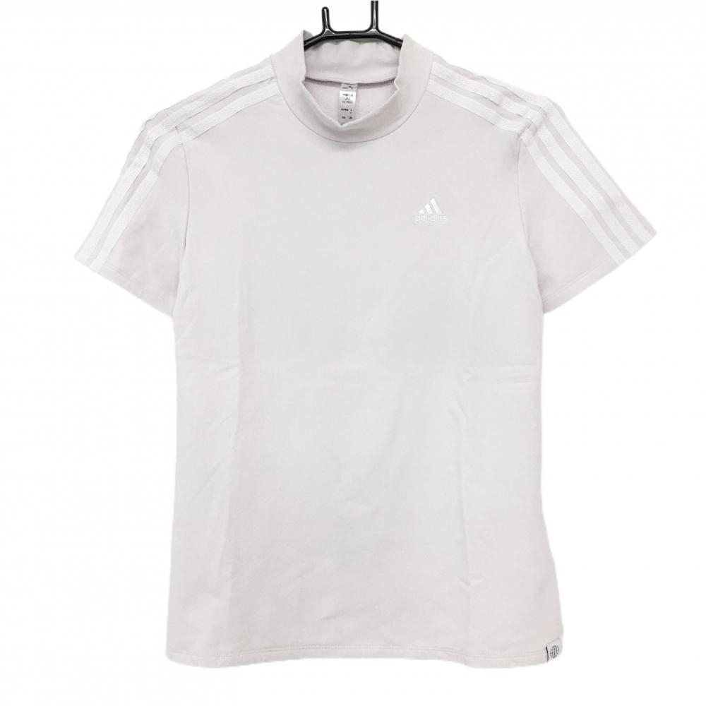 アディダス 半袖ハイネックシャツ スモーキーライトピンク×白 肩・袖3ライン 胸ロゴ レディース M ゴルフウェア adidas