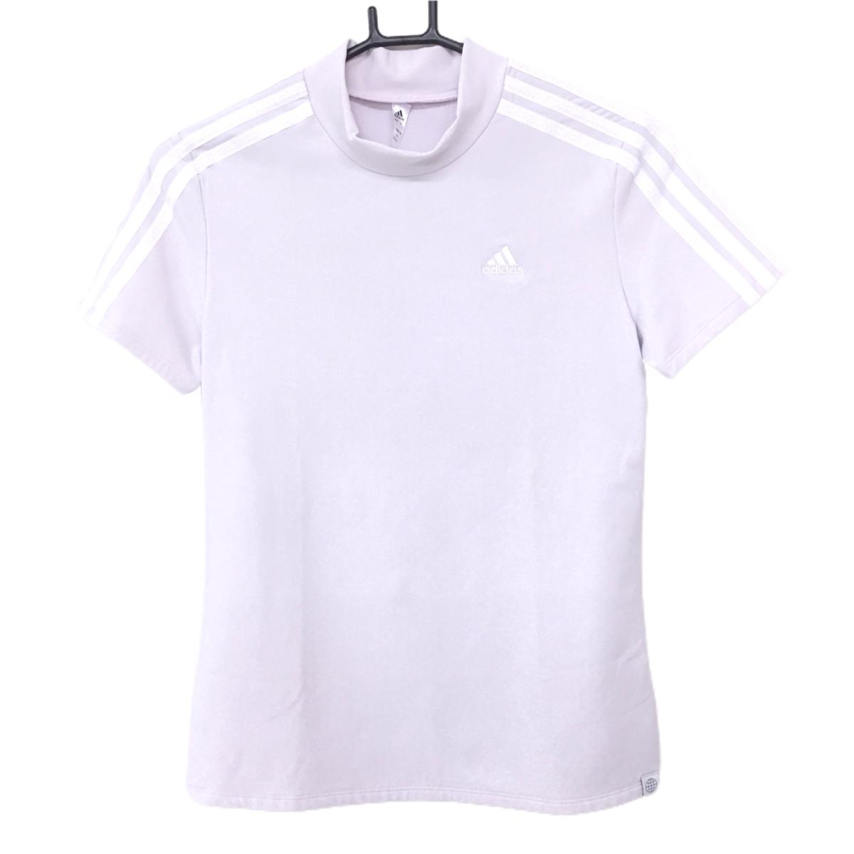 【美品】アディダス 半袖ハイネックシャツ ライトピンクグレー系 袖3ライン レディース M ゴルフウェア adidas